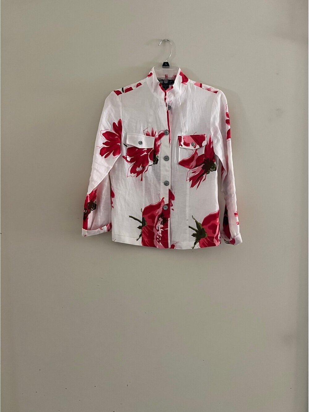 Vintage Women’s small Carole Little White Red Floral jacket blouse 100% linen